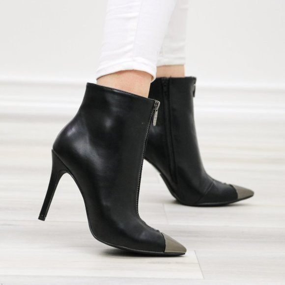 Pointy Toe Ankle Black Boots Faux Leather - Picture 12 of 14